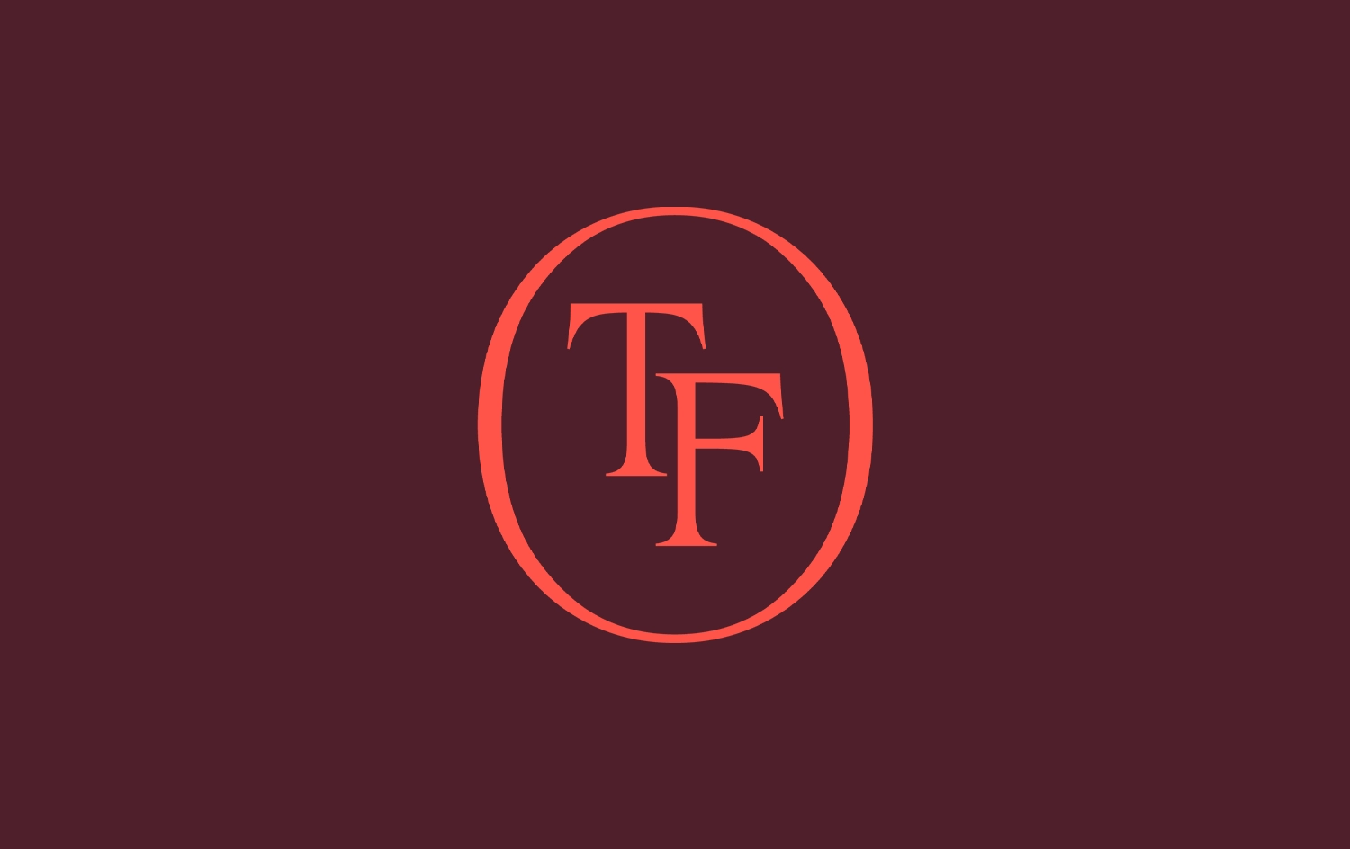 Ten Four Ag TF monogram in red on a deep burgundy background