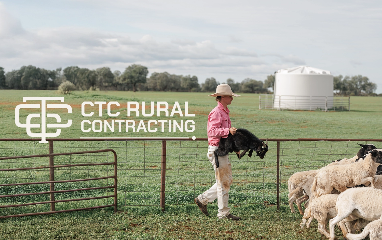 CTC Rural Contracting brand identity over a photo of stock work in western NSW