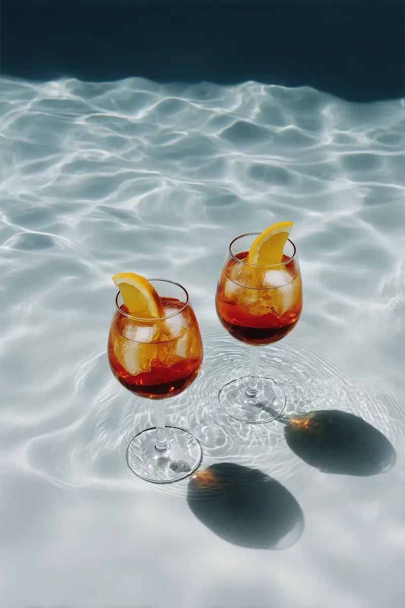 Two orange cocktails with ice and lemon slices casting shadows on rippling water.