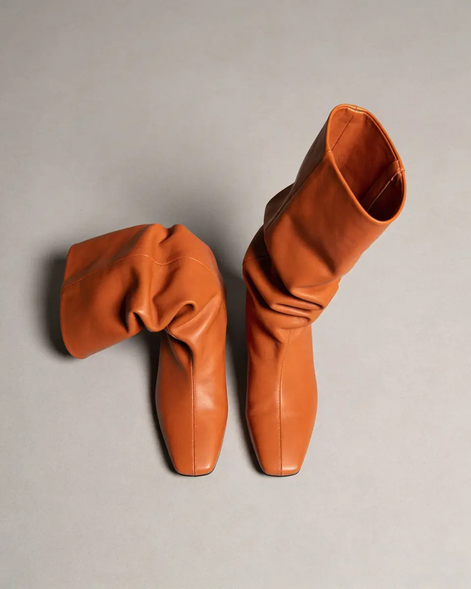 Pair of tall, wrinkled, orange leather boots with square toes on a plain surface.
