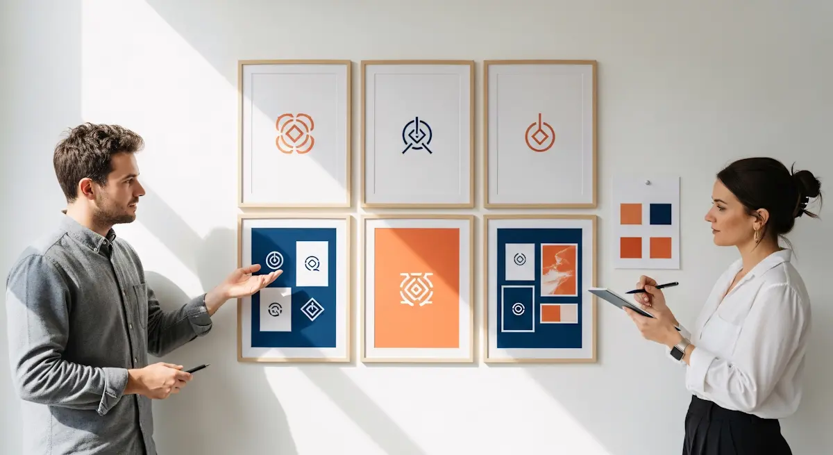 Two people discussing artwork on a white wall with framed abstract designs in orange and blue.