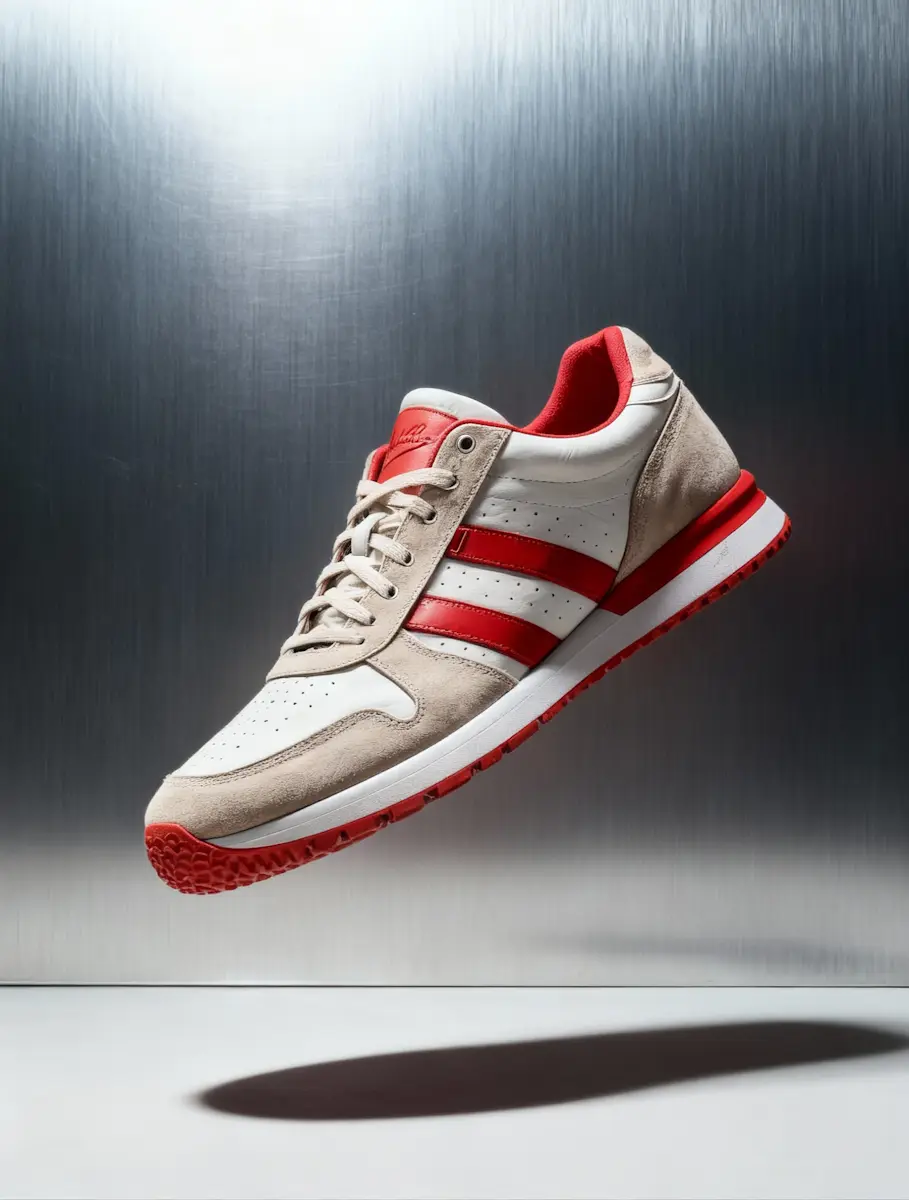 Floating beige and white sneaker with red stripes and red sole against a metallic background.