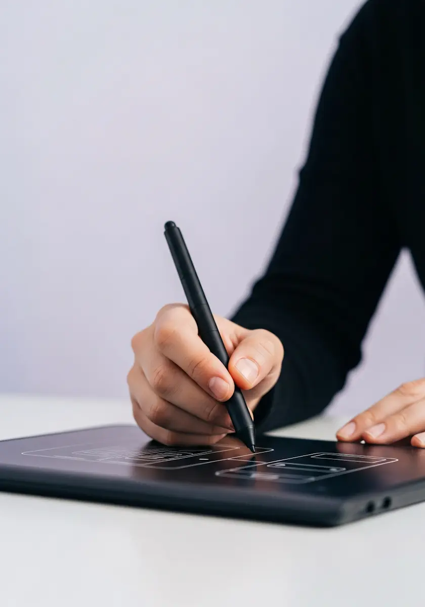 Person using a stylus to draw wireframe designs on a black digital drawing tablet.
