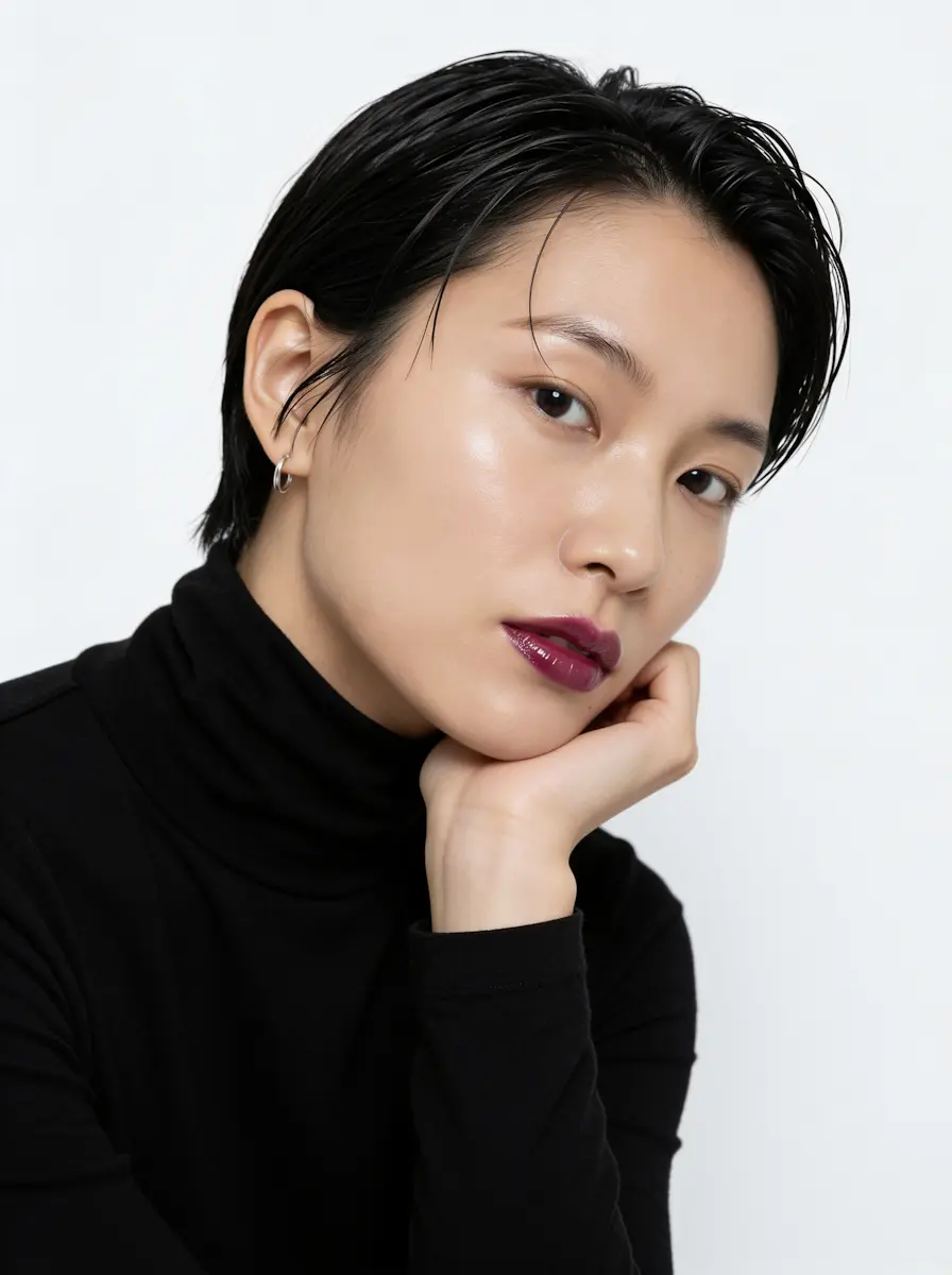 Portrait of a person with short black hair and dark lipstick resting their chin on their hand.