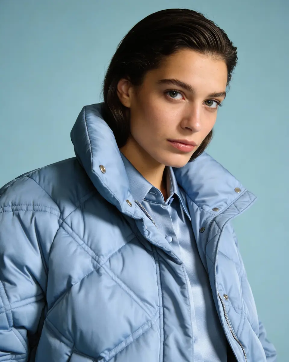 Woman with short dark hair wearing a light blue puffer jacket and blue shirt against a blue background.