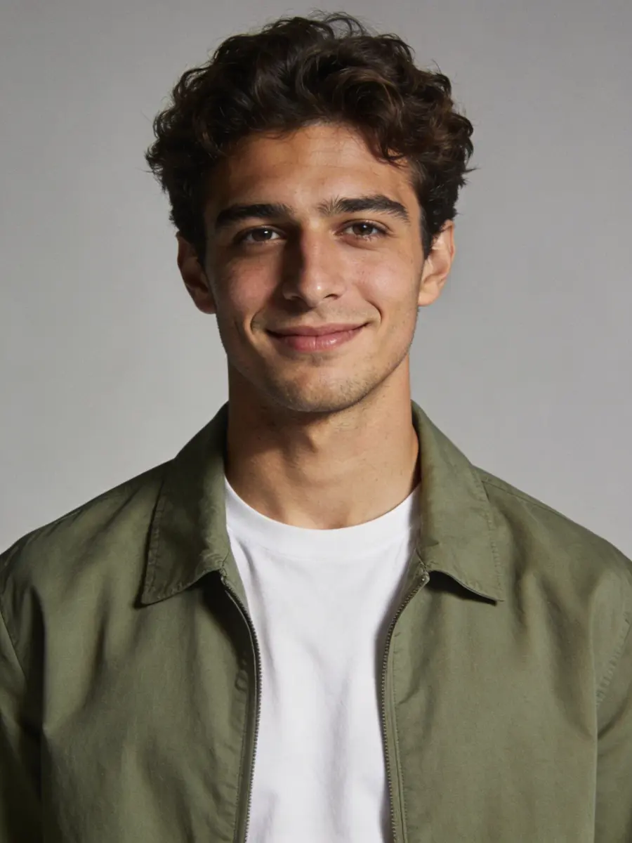 Young man with curly brown hair smiling, wearing a white shirt and olive green jacket against a gray backdrop.