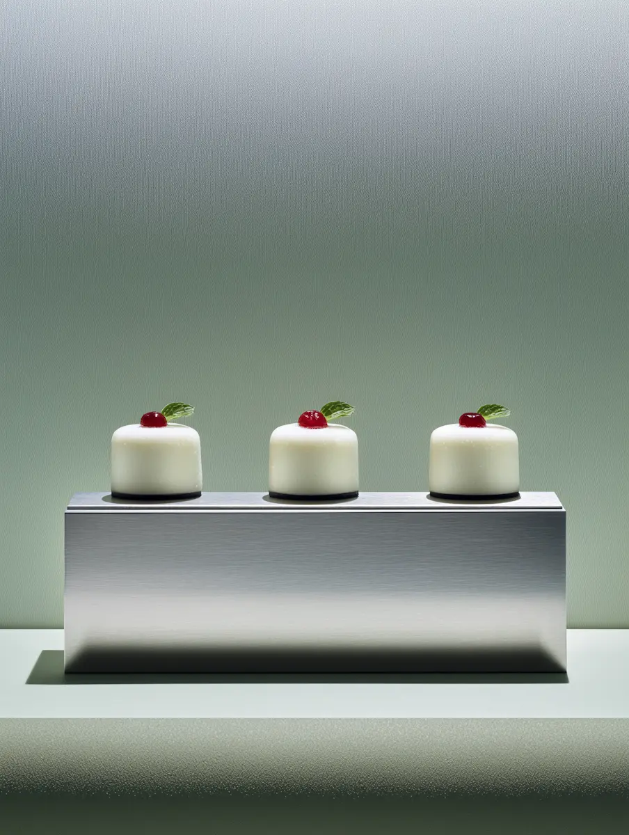 Three small white cakes with a red cherry and green leaf on top, arranged on a metallic display block.