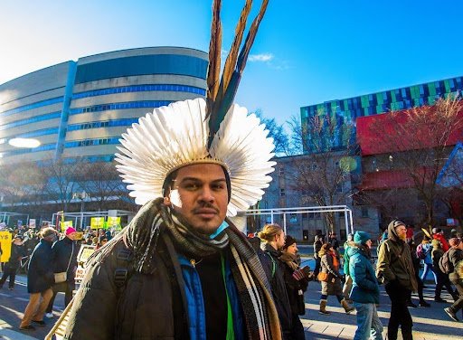João Victor Pankararu at the March for Biodiversity and Human Rights, Montréal. Credits: Kamikia Kisedje/APIB