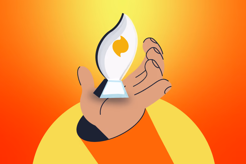 An illustrated hand holds the Smokeball Beacon Award statue
