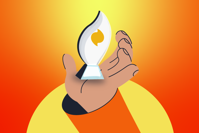 An illustrated hand holds the Smokeball Beacon Award statue