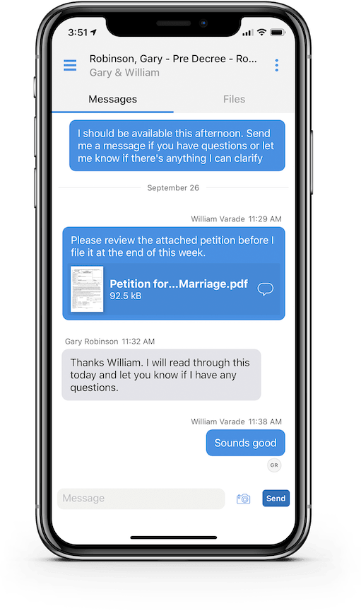 Attorney and client communication on an iPhone via Smokeball's Communicate app.