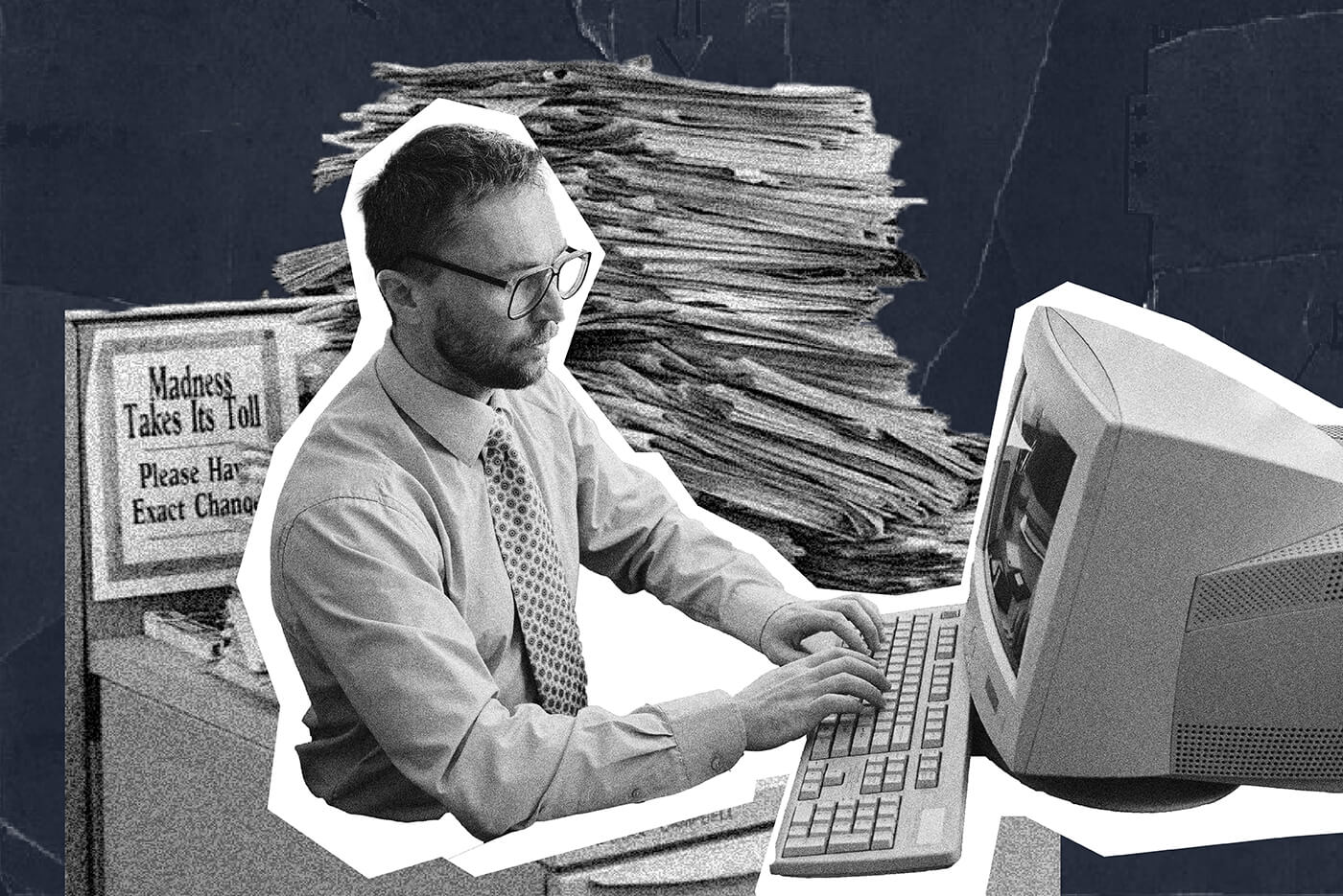 Lawyer on old desktop computer with stacks of admin paperwork