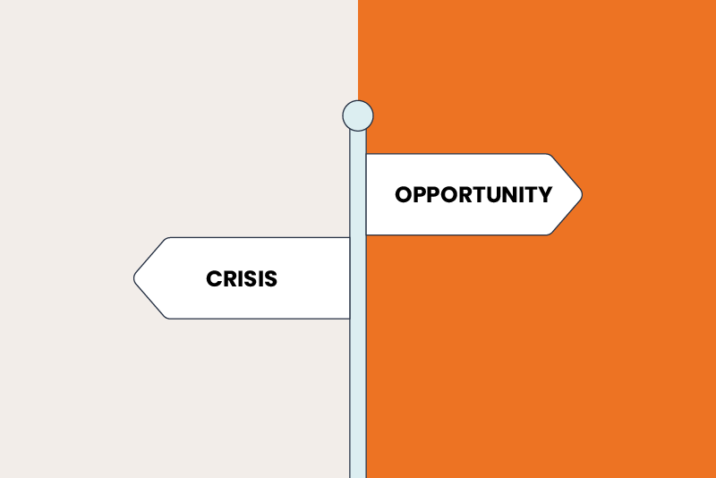 crossroads sign pointing to crisis and opportunity