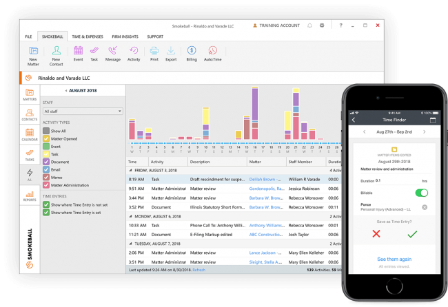 A screenshot of Smokeball’s desktop and mobile automatic time tracking feature that tracks billable activities for law firms.