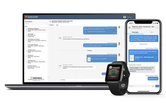 Desktop, mobile and smartwatch images of messages sent regarding legal cases from Smokeball’s Communicate for legal firms