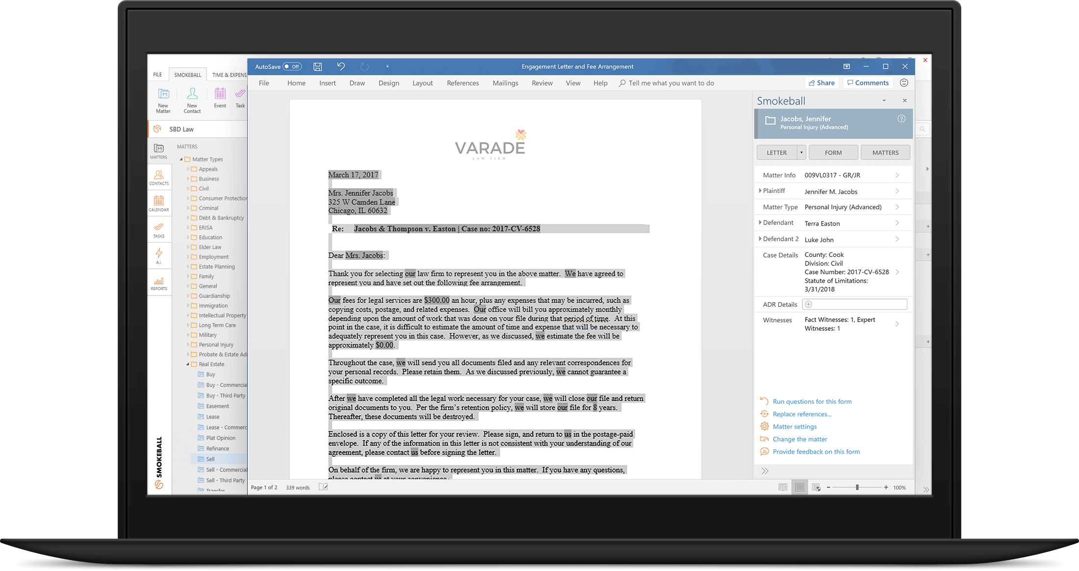 A screenshot showing the integration of Smokeball legal case management software with Microsoft word to automatically fill important case information into word a document.