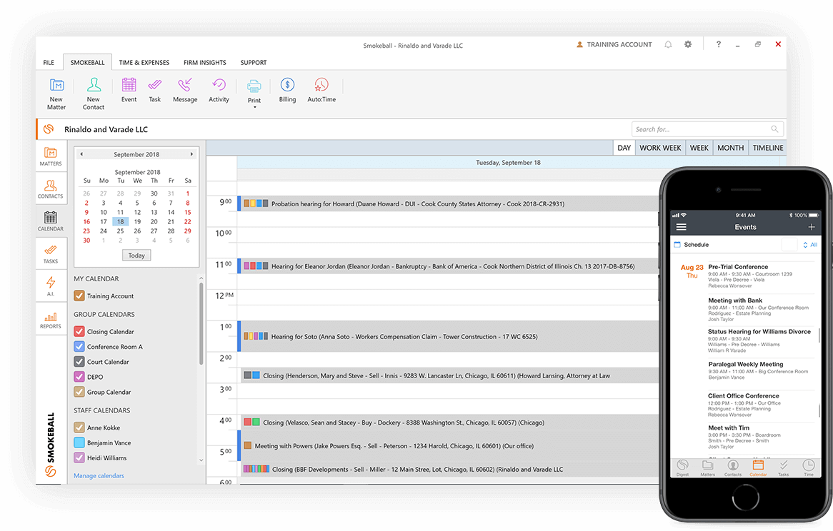 Calendar view of tasks and due dates in Smokeball case management software on desktop and mobile app.