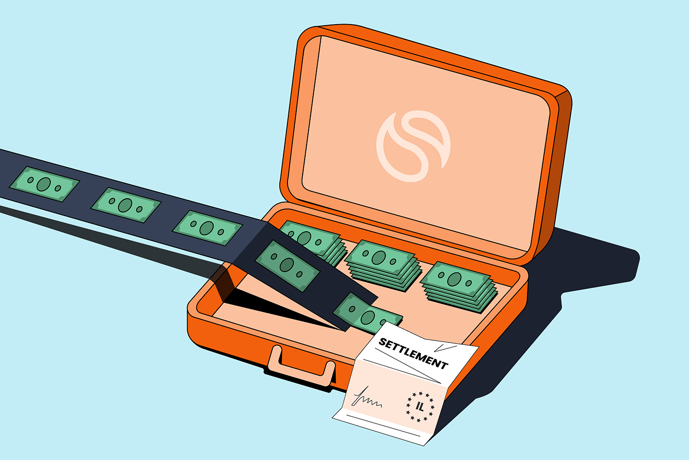 Smokeball branded briefcase that is printing money
