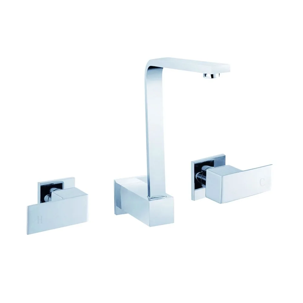 Square chrome wall spa and sink set, three pieces with flat lever handles