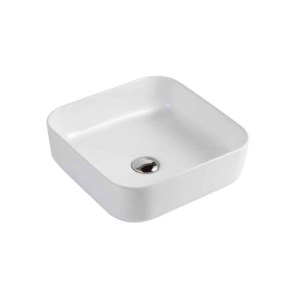 White ceramic square vessel basin with rounded corners and a chrome pop up waste