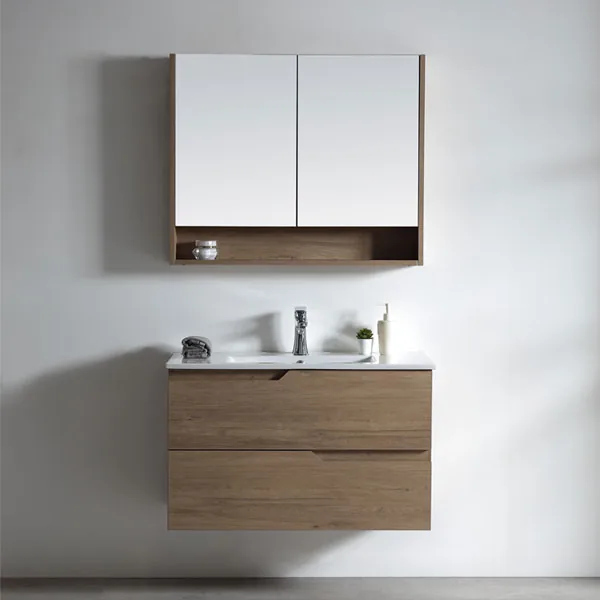 Two drawer wall hung oak vanity with ceramic basin top and matching mirrored wall cabinet