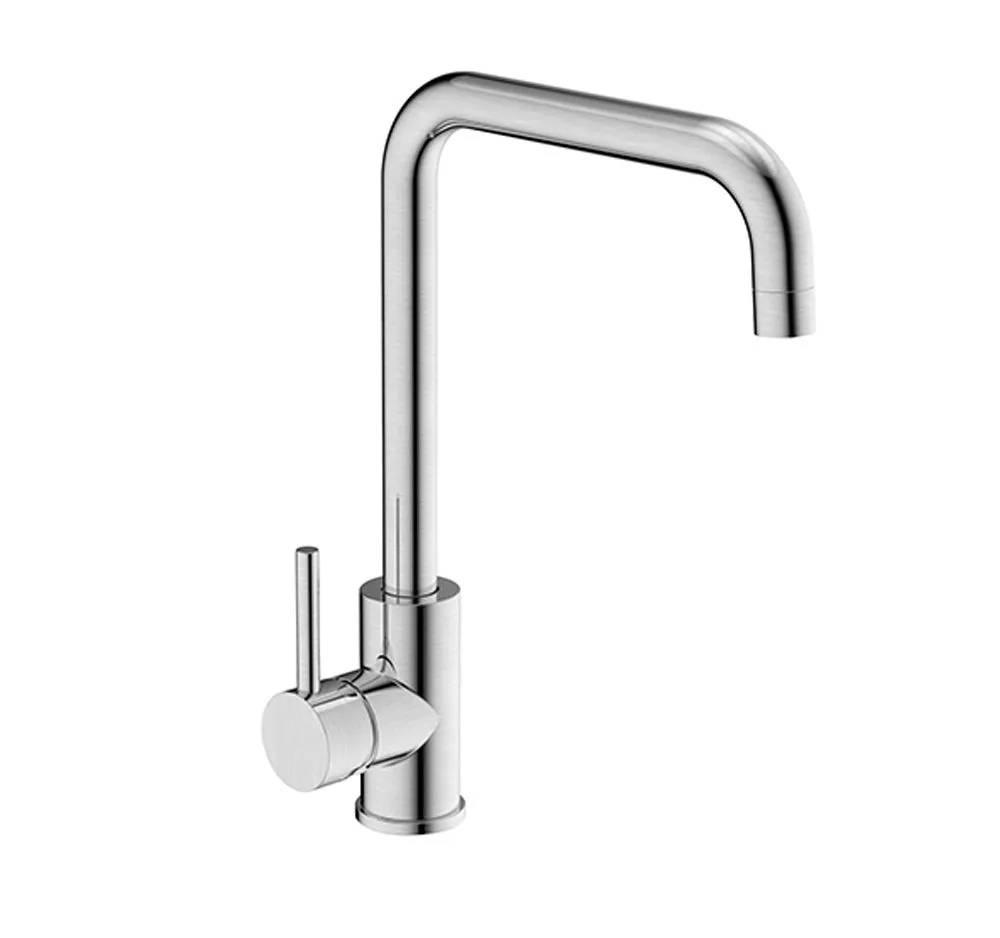 Cosmic kitchen sink mixer with squared swivel spout and slim side lever, brushed finish
