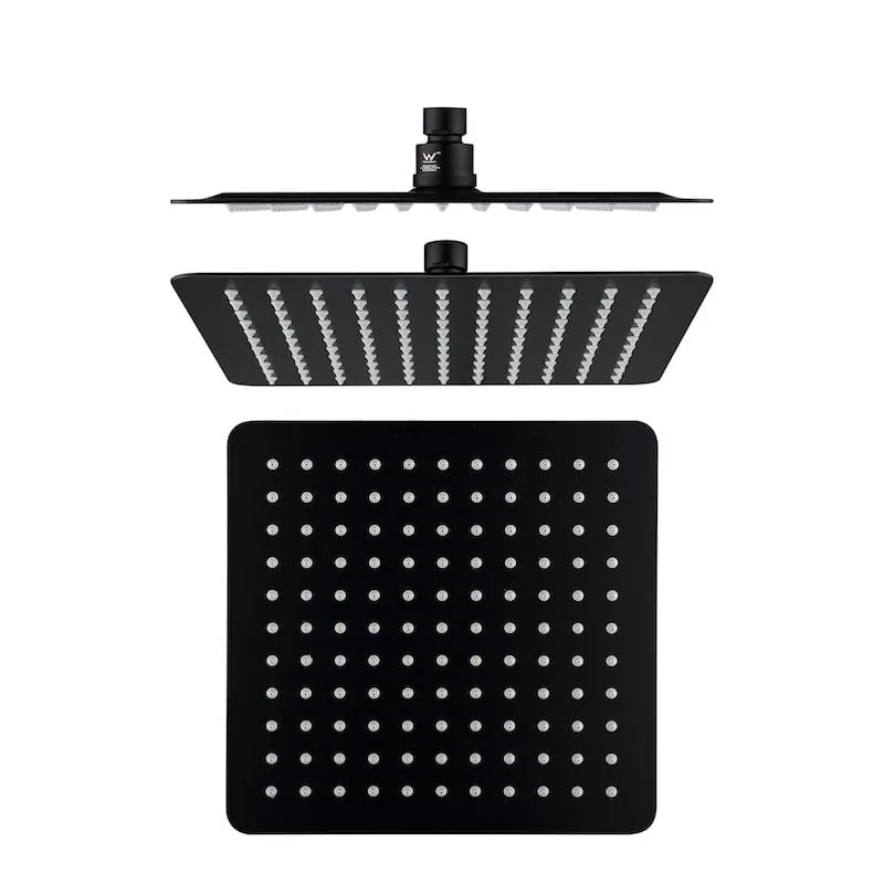 Matte black slimline square rain showerhead shown side on, angled and face on
