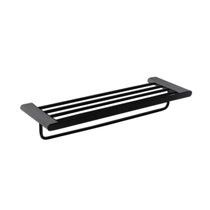Dallas matt black towel shelf with ribbed rails and an integrated towel bar underneath