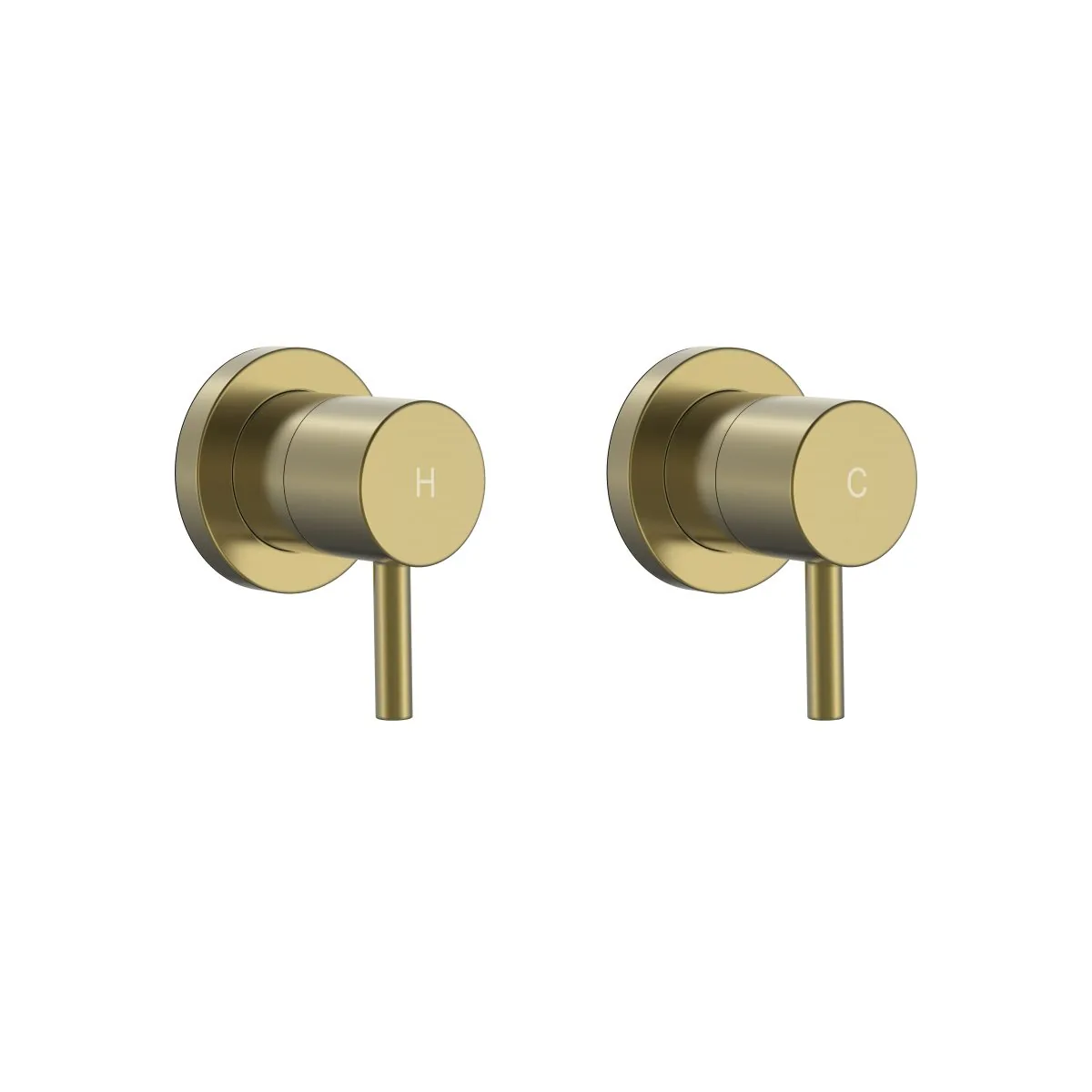 Pair of brushed gold wall mixer taps with round plates and slim lever handles