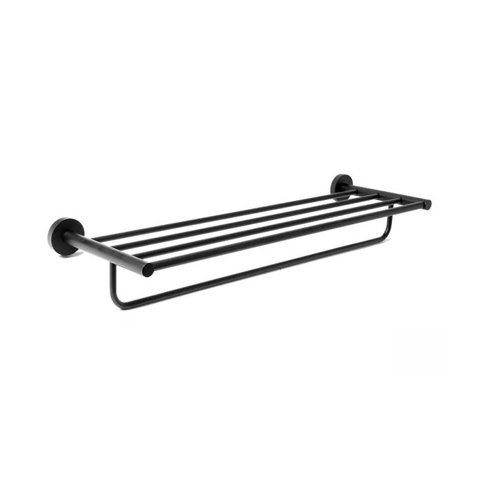 Matt black 600mm towel rack with five shelf rails and a lower hanging bar