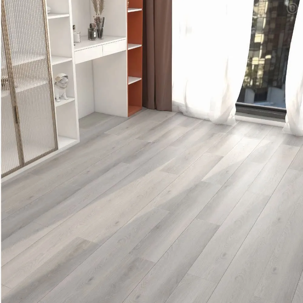 Pale grey oak look hybrid plank flooring laid through a room with white shelving