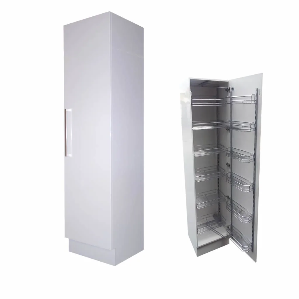 Tall white gloss pull out laundry cupboard with chrome wire baskets, shown closed and open