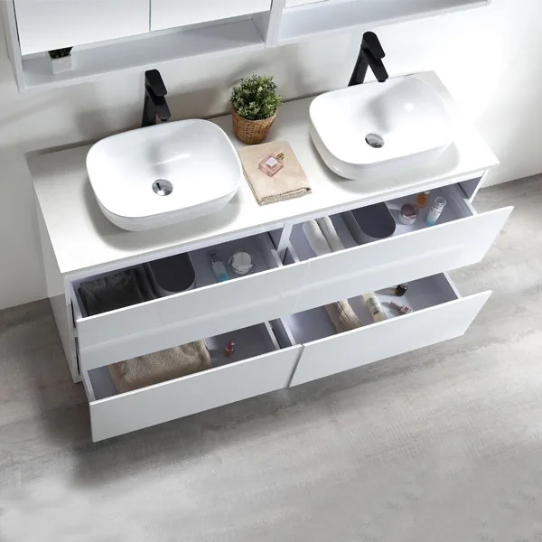 Gloss white 1200mm double vanity, drawers open to show storage, with two vessel basins