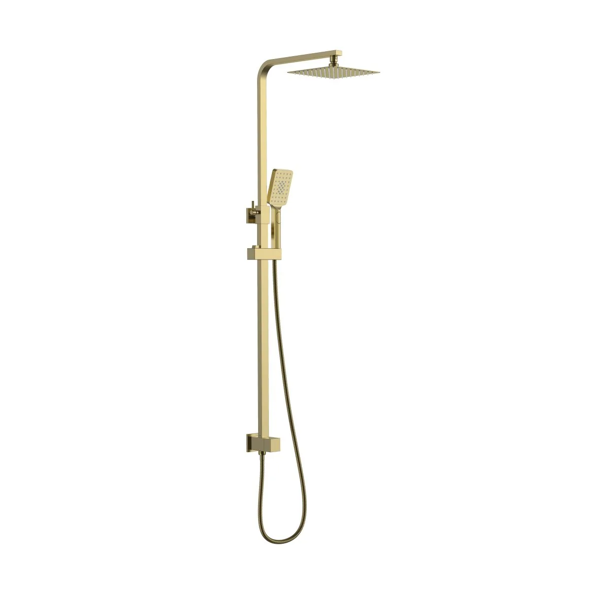 Brushed gold twin shower with square rain head, hand shower and adjustable slide rail