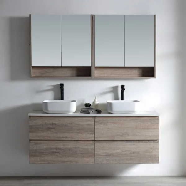Wall hung double vanity in rustic oak with two white vessel basins and black taps