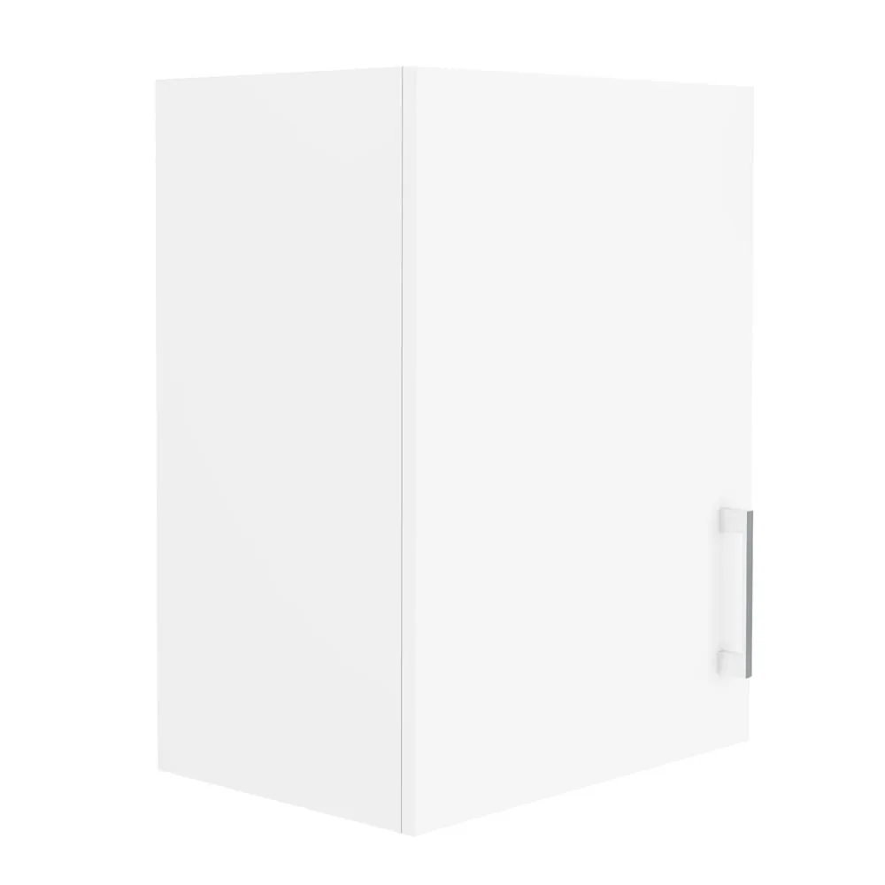 White wall hung overhead laundry cabinet with a single hinged door and chrome bar handle