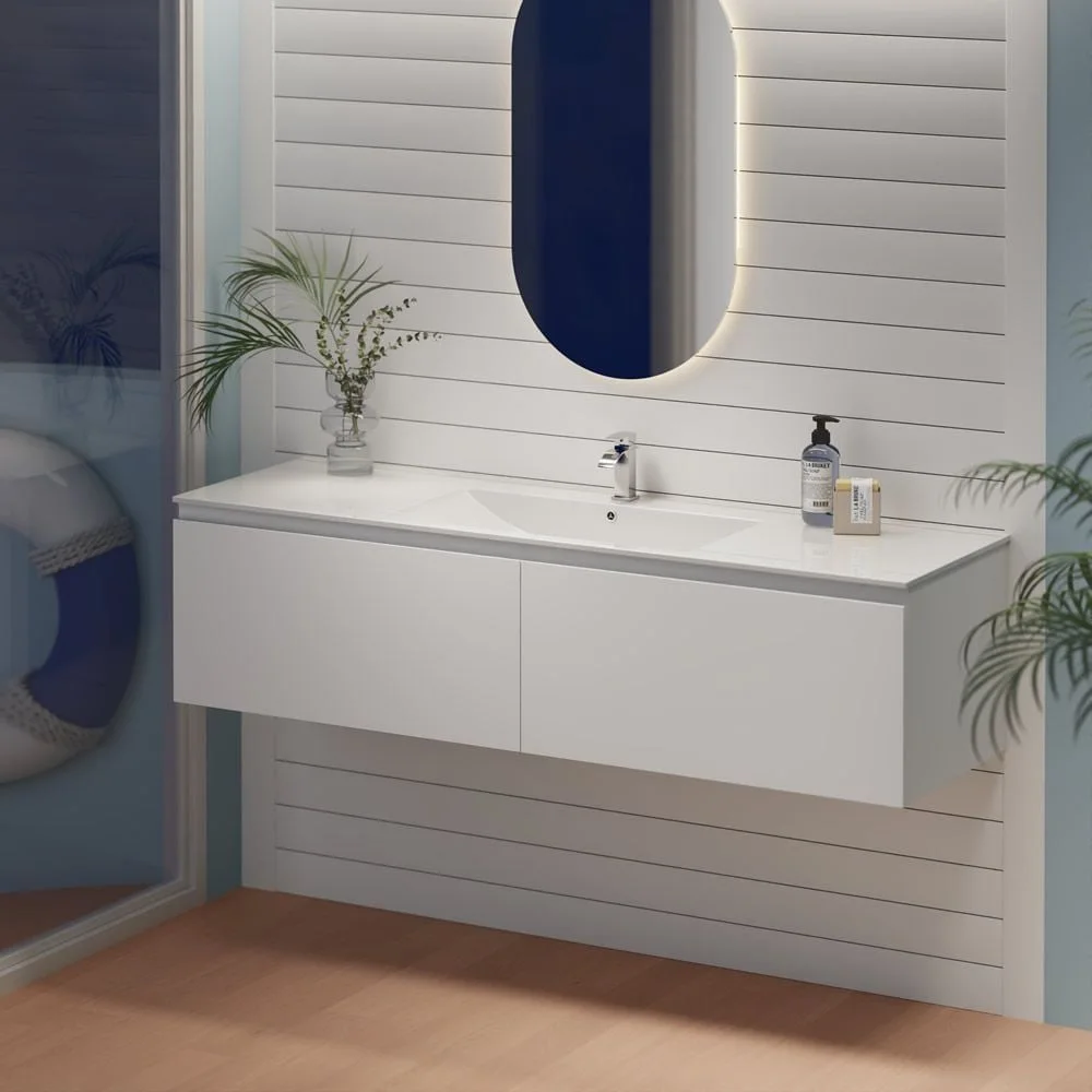 White 1500mm single bowl ceramic vanity top fitted with a chrome basin mixer, shown installed on a wall hung vanity in a styled bathroom