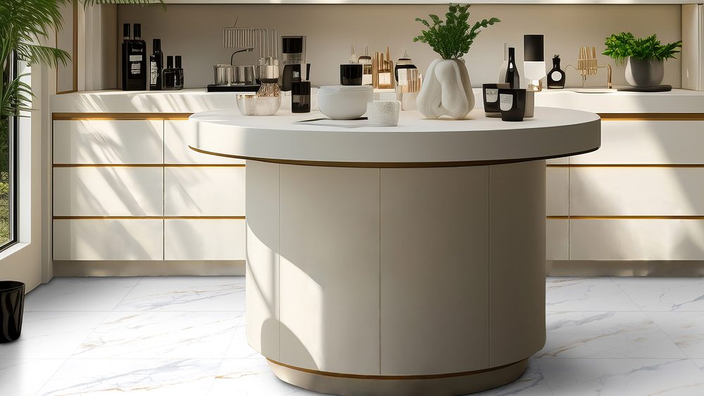 Stoneworld Veneto Calacatta marble-look porcelain floor tiles in a kitchen with a curved island