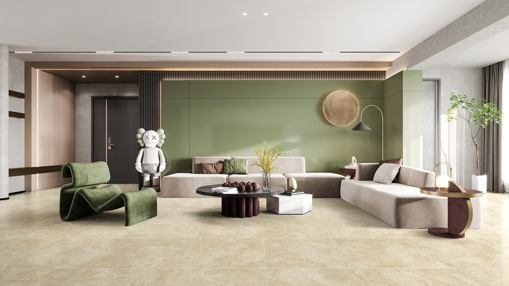 Stoneworld Timeless Classic travertine-look porcelain floor tiles in an open plan living space