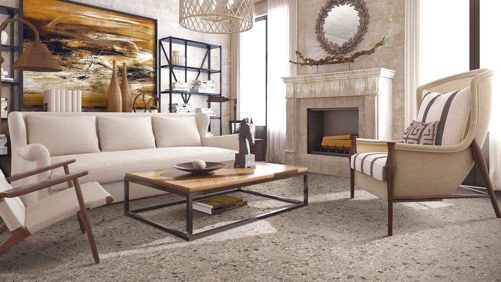 Stoneworld Terrazzo Moka speckled terrazzo-look porcelain floor tiles in a living room with a fireplace