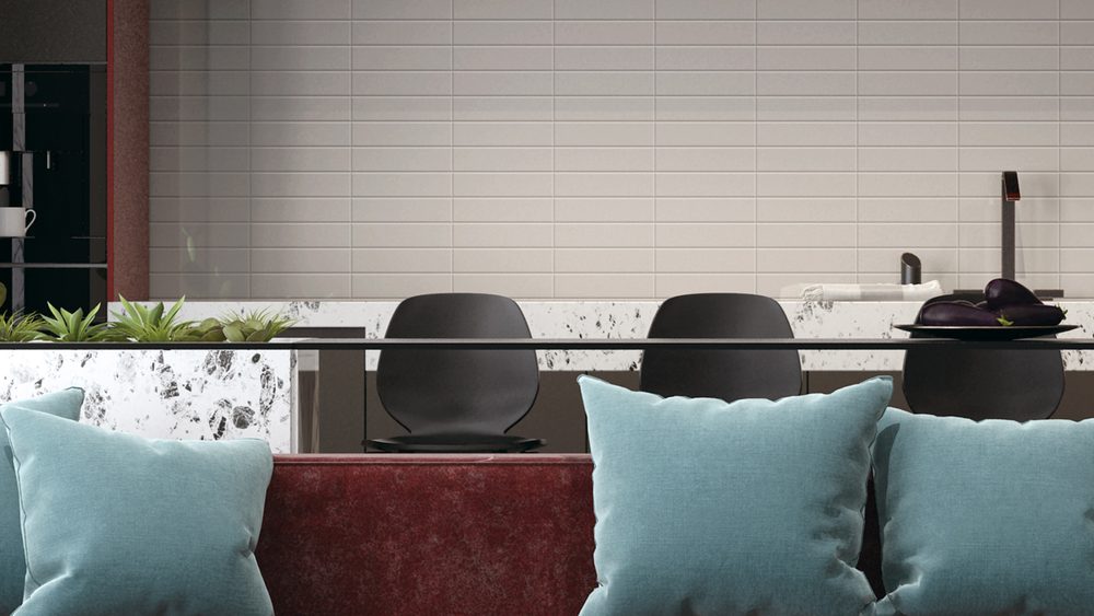 Stoneworld Easy white gloss subway wall tiles used as a kitchen splashback