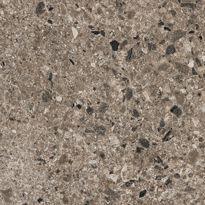 Stoneworld Terrazzo Moka porcelain tile swatch, warm brown speckled with darker aggregate