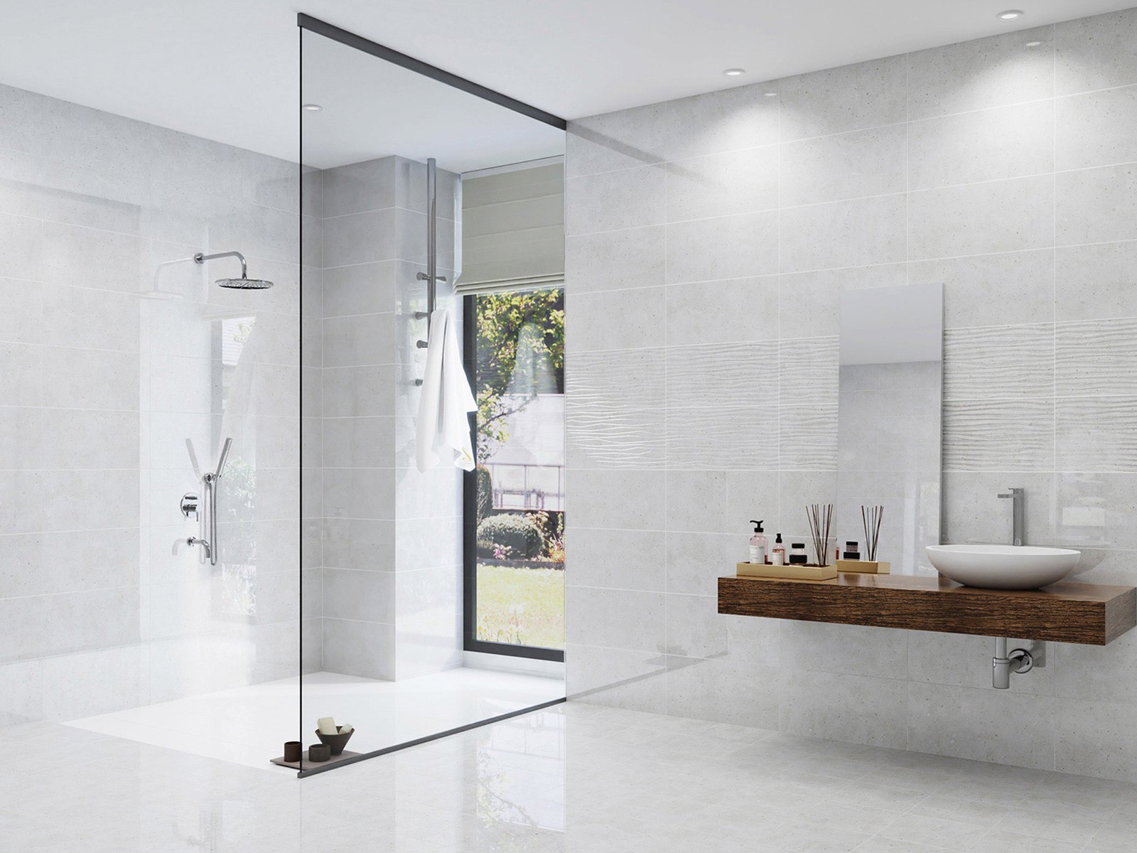 Stoneworld Serenity Granara Bone porcelain tiles in a bathroom, with a walk-in shower behind a glass screen, a textured feature wall and a timber shelf with a vessel basin
