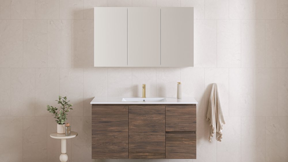 Timberline Elemental wall hung vanity in a dark timber finish with a mirrored shaving cabinet above