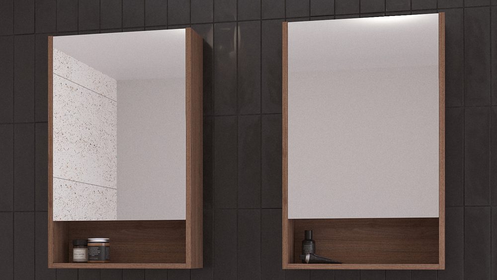 Two Timberline Sanremo shaving cabinets with timber frames and open shelves on a dark tiled wall