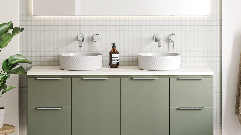 Timberline Nevada 1500 double vanity in sage green with twin fluted basins and a backlit mirror