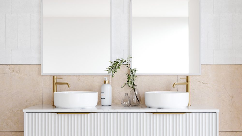 Timberline Emmett fluted white double vanity with twin arch mirrors and brushed brass tapware