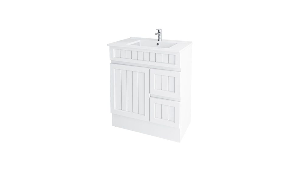 Alpine white shaker floor standing bathroom vanity with a ceramic top