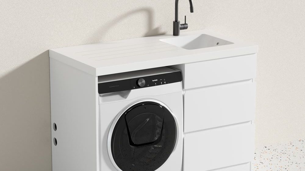 Alpine all in one laundry unit in white with a black mixer and washing machine space