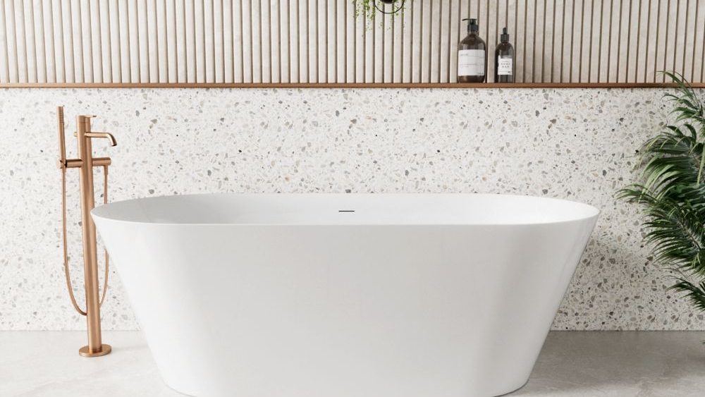 Alpine freestanding bath in white with a floor mounted bath filler